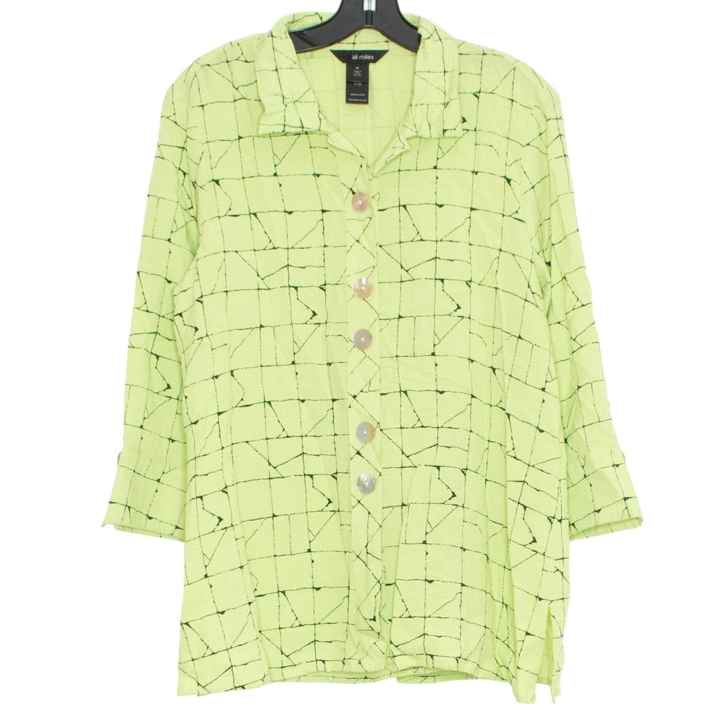 Ali Miles Boho Artsy Abstract Green Button Up Top 3/4 Sleeve Lagenlook M Spring